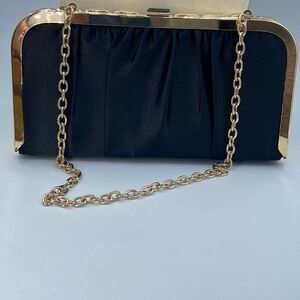 Kate Landry black Satin gold tone clutch, shoulder or crossbody bag.